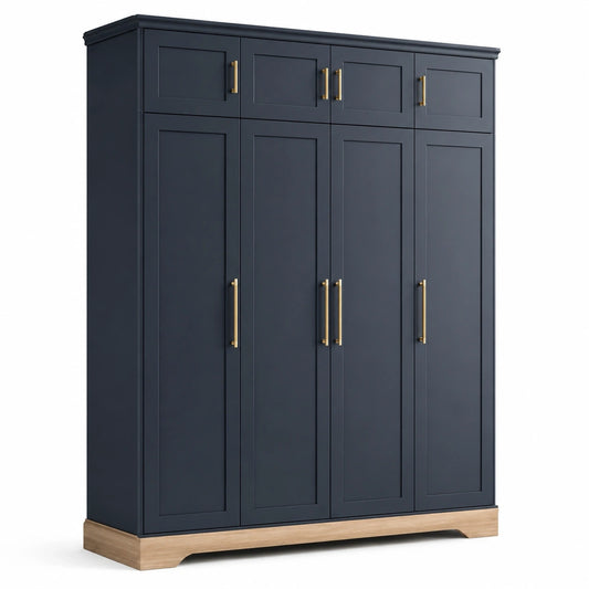Kleiderschrank aus Holzwerkstoff mit 8 Türen, Dunkelblau/Natur/Gold, 200 × 60 × 220 cm