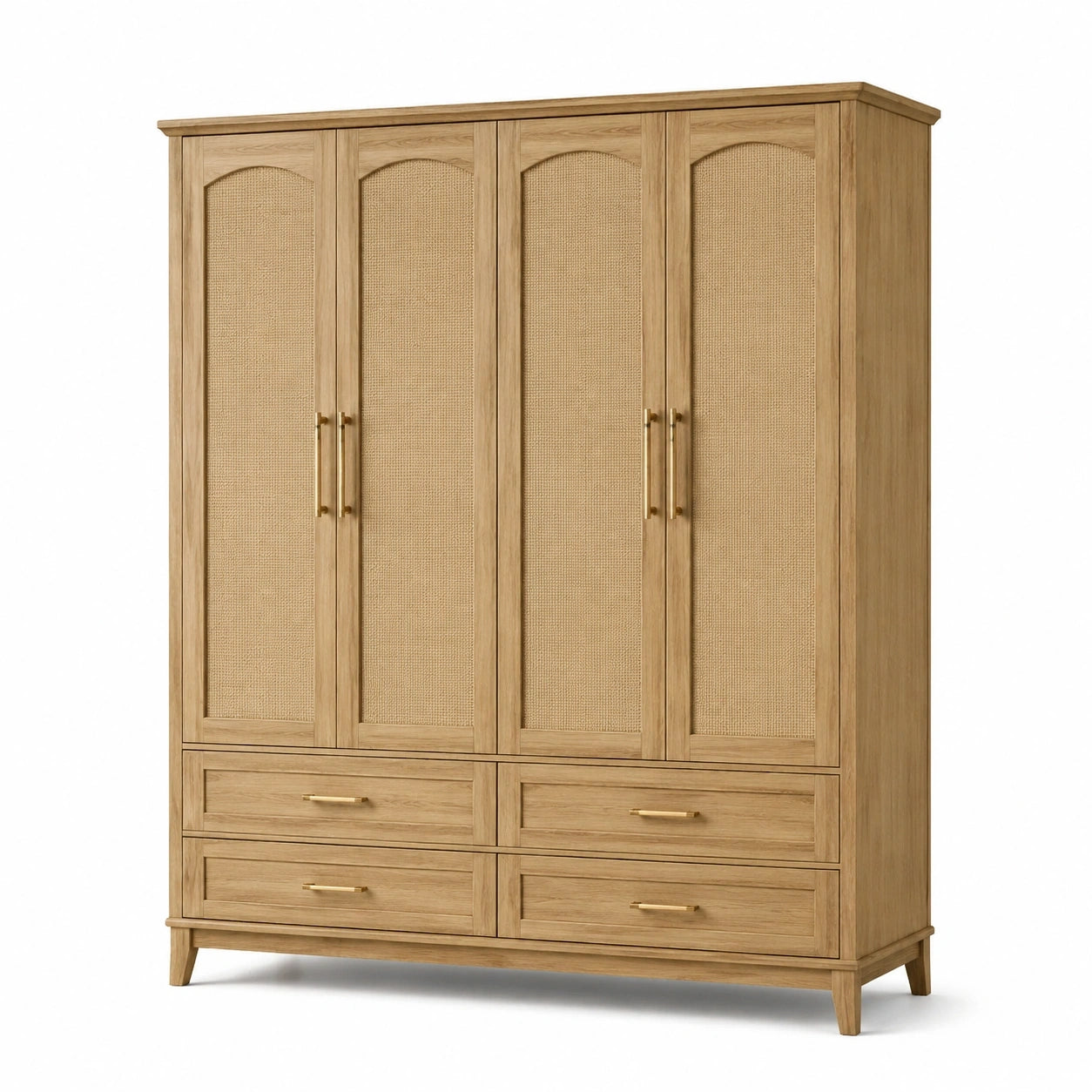 Kleiderschrank mit Rattangeflecht, 4 Türen und 4 Schubladen, 180 × 55 × 210 cm, Naturholz/Beige/Messingfarben