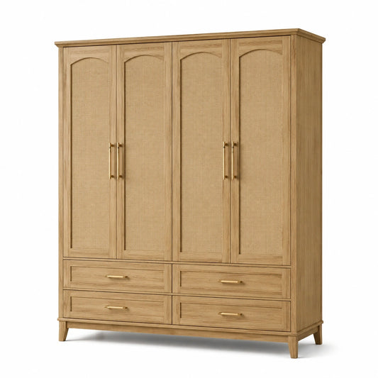 Kleiderschrank mit Rattangeflecht, 4 Türen und 4 Schubladen, 180 × 55 × 210 cm, Naturholz/Beige/Messingfarben