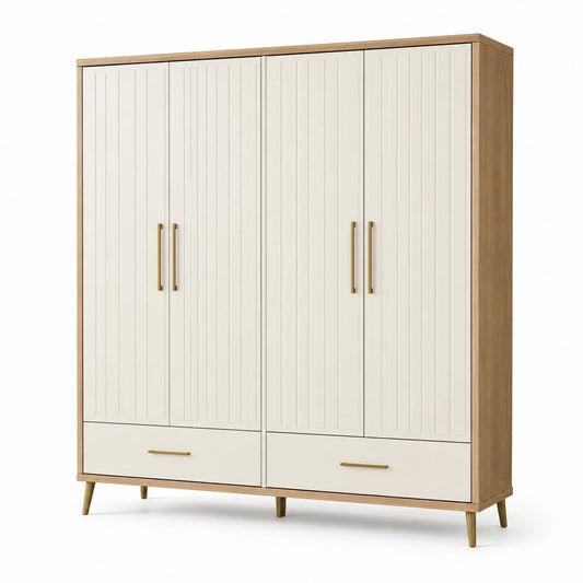 Kleiderschrank mit 4 Türen und 2 Schubladen, 180 × 55 × 200 cm, Creme/Eiche/Gold
