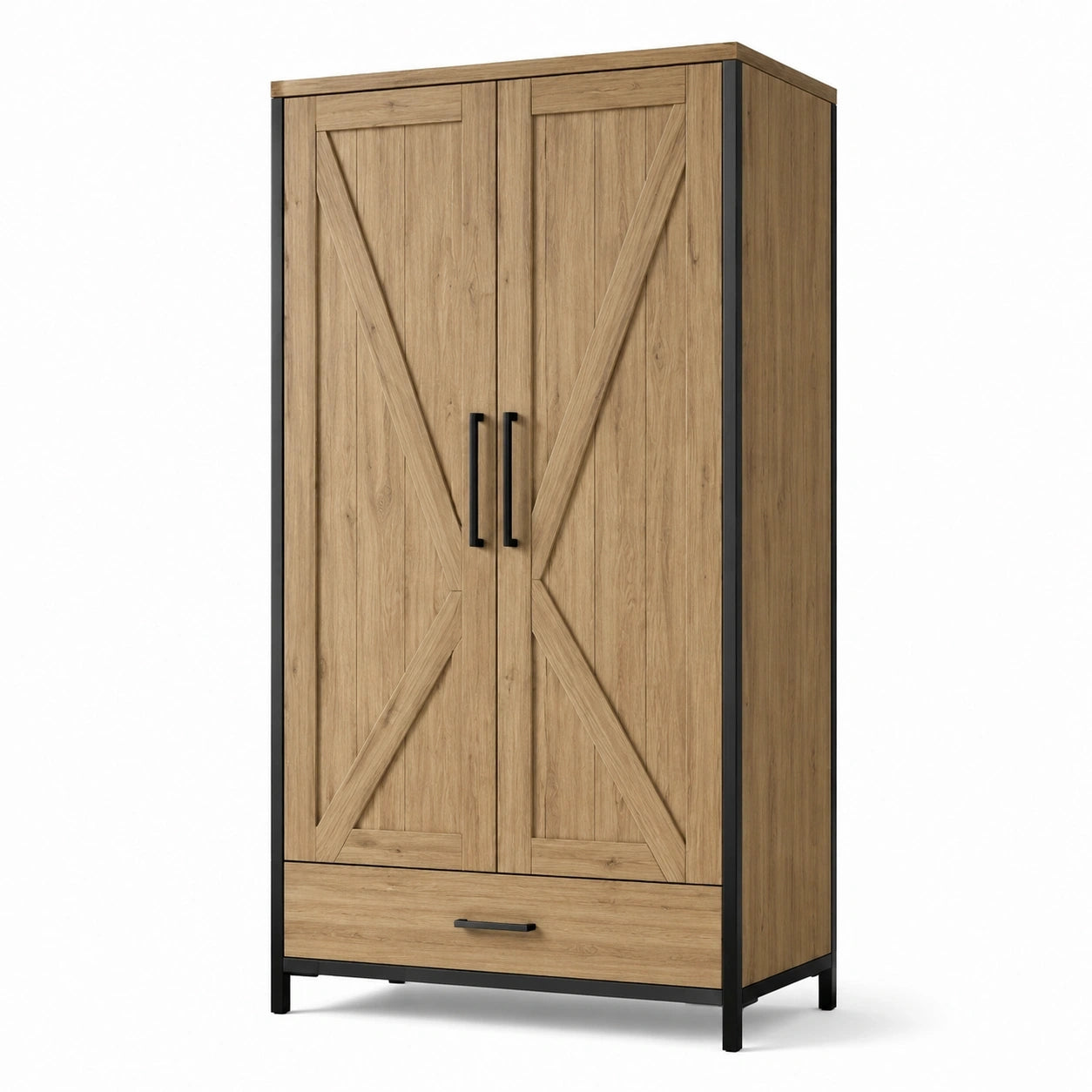 Kleiderschrank mit 2 Türen und Schublade, 100 × 50 × 180 cm, Eichefarben/Schwarz, rustikaler Industriestil