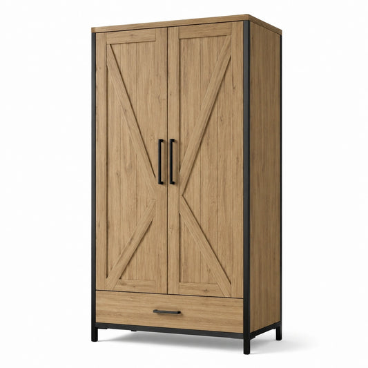 Kleiderschrank mit 2 Türen und Schublade, 100 × 50 × 180 cm, Eichefarben/Schwarz, rustikaler Industriestil