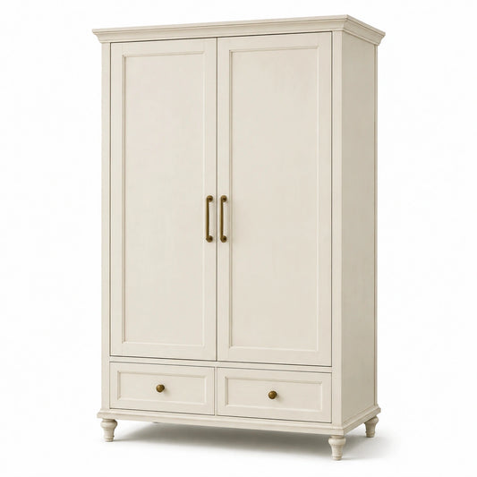 Kleiderschrank im Landhausstil, Elfenbein, 110 × 55 × 190 cm, 2 Türen und 2 Schubladen
