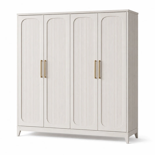 Viertüriger Kleiderschrank mit geriffelten Fronten, 200 × 55 × 210 cm, Cremeweiß
