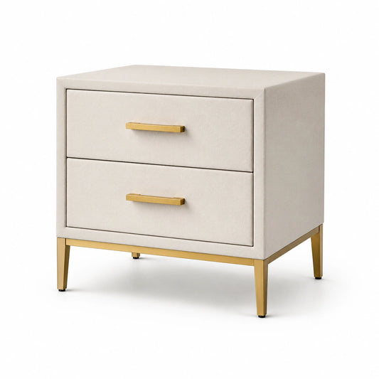 Nachttisch mit 2 Schubladen, Kunstleder in Creme und Metallgestell in Gold, 55 × 40 × 60 cm