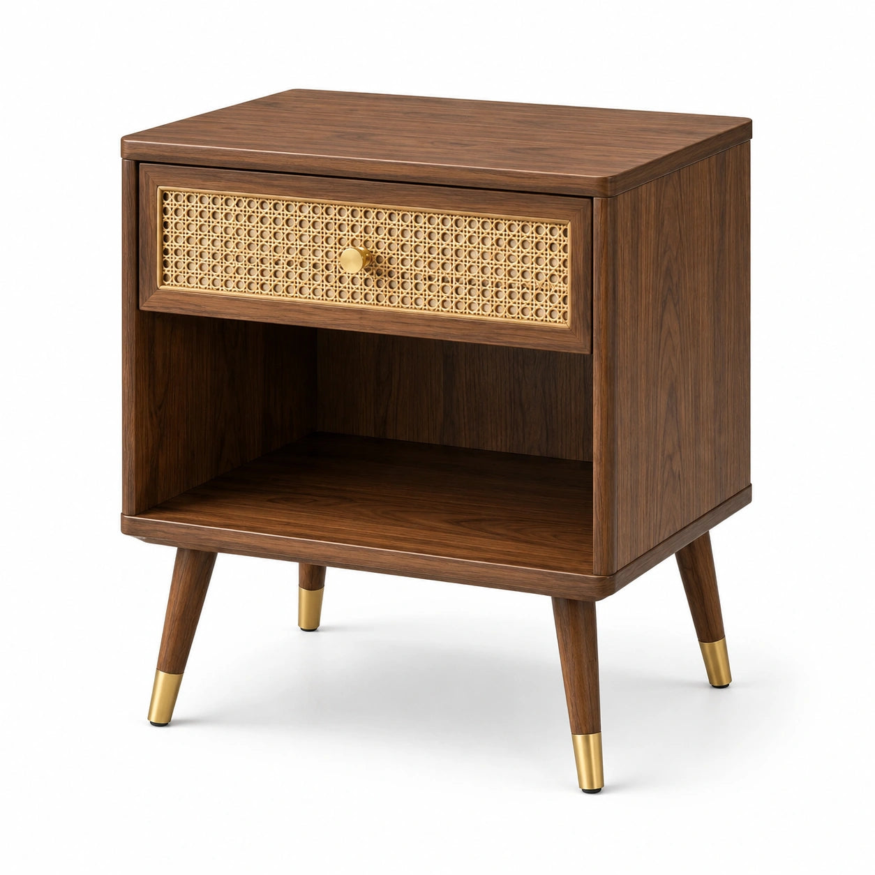 Nachttisch 50 × 40 × 60 cm in Braun mit Rattangeflecht, Schublade und offenem Ablagefach