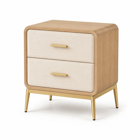 Nachttisch in Eichenoptik, Creme und Gold, 50 × 40 × 60 cm, mit 2 Schubladen und Metallbeinen