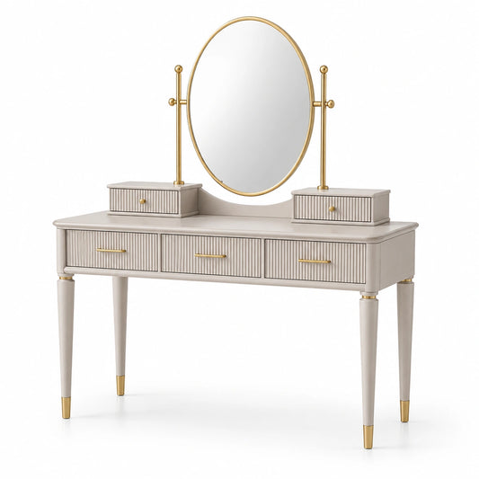 Eleganter Schminktisch mit ovalem Spiegel und 5 Schubladen, Beige/Gold, 120 × 50 × 145 cm