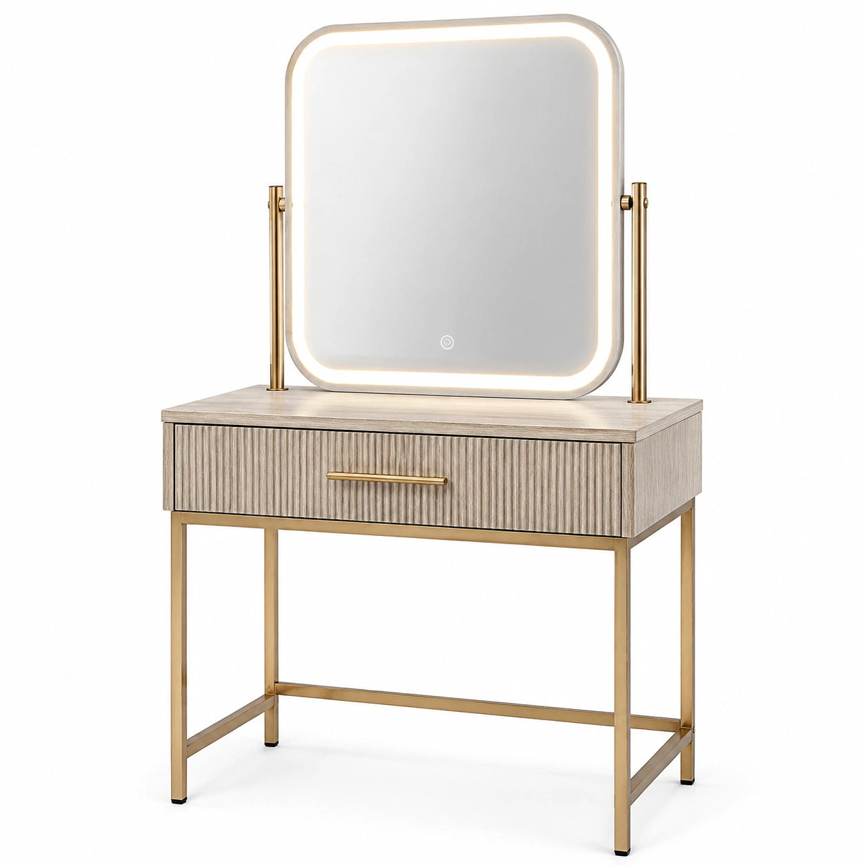 Moderner Schminktisch mit neigbarem LED-Spiegel und Schublade, Beige/Gold, 80 × 40 × 140 cm
