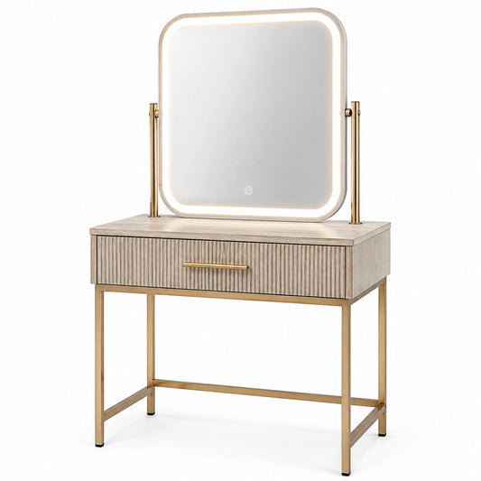 Moderner Schminktisch mit neigbarem LED-Spiegel und Schublade, Beige/Gold, 80 × 40 × 140 cm