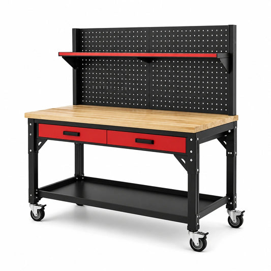 Mobile Werkbank aus Stahl und Holz, 120 × 60 × 150 cm, Schwarz/Rot/Naturfarben, mit 2 Schubladen, Lochwand, Ablagen und Rollen