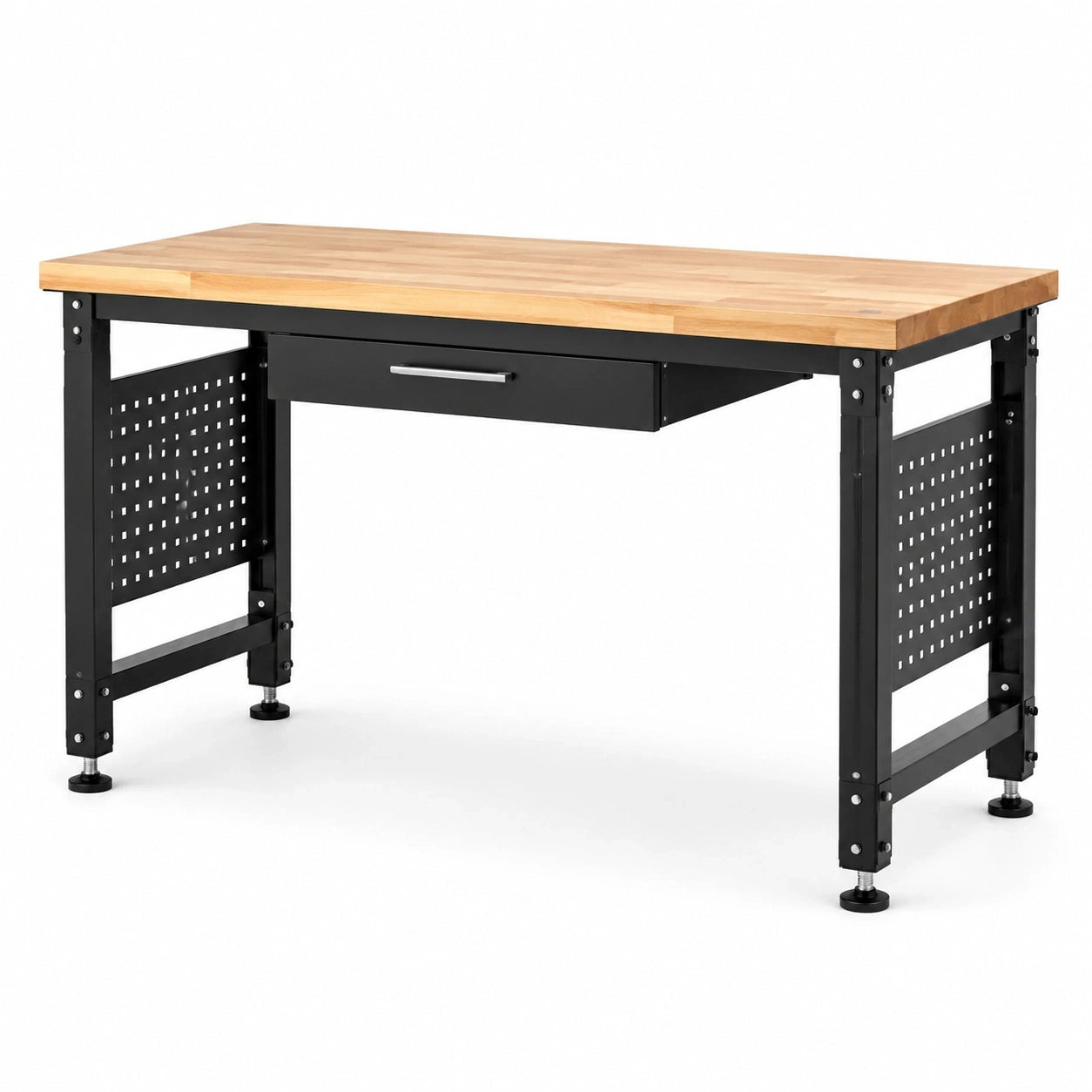 Werkbank aus Holz und Stahl mit Schublade und seitlichen Lochwänden, 120 × 60 × 90 cm, Schwarz/Natur