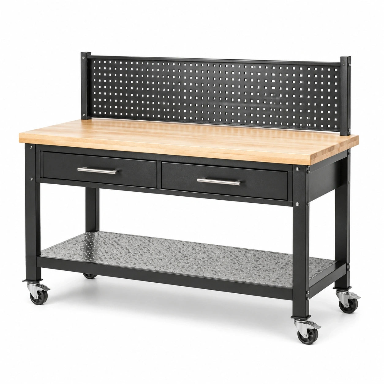Mobile Werkbank aus Stahl und Holz, 120 × 60 × 150 cm, Schwarz/Natur/Silber, mit Lochwand, 2 Schubladen, Ablage und Rollen