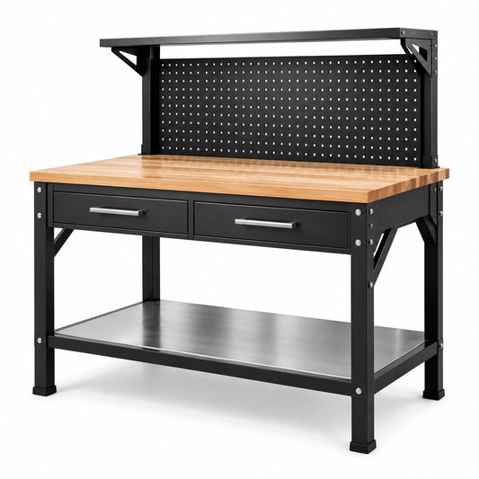 Werkbank 120 × 60 × 150 cm, Schwarz/Natur/Silber, mit Lochwand, 2 Schubladen und Ablagen