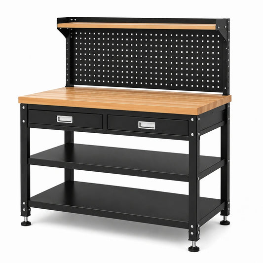 Werkbank aus Stahl und Holz mit Lochwand, 2 Schubladen und 3 Ablagen, 120 × 60 × 150 cm, Schwarz/Naturholz/Silber