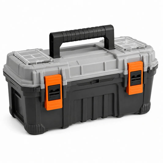 Werkzeugkoffer mit Kleinteilefächern, 52 × 29 × 28 cm, Schwarz/Grau/Orange/Transparent