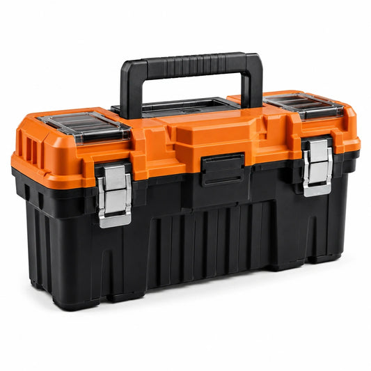 Werkzeugkoffer mit Metallschließen und Kleinteilefächern, Orange/Schwarz/Silber, 49 × 25 × 24 cm