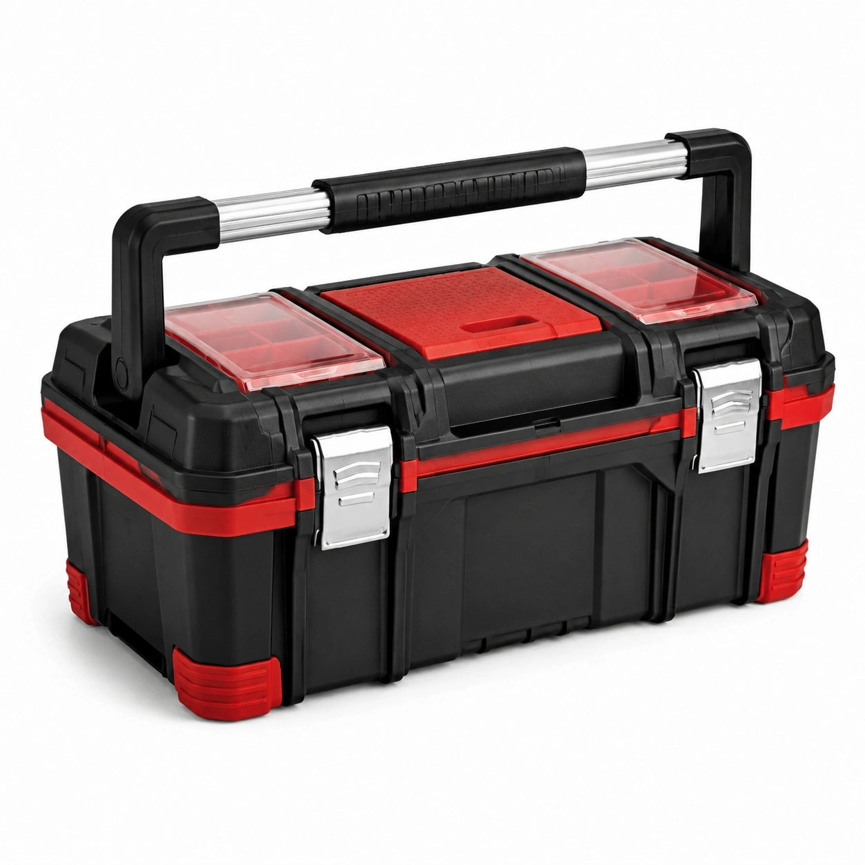 Robuster Werkzeugkoffer mit Tragegriff und Metallverschlüssen, 58 × 28 × 30 cm, Schwarz/Rot/Silber/Transparent