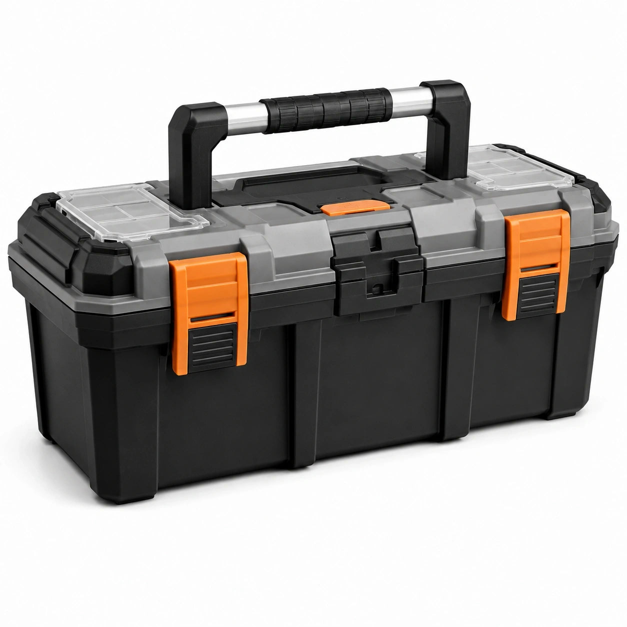 Tragbarer Werkzeugkoffer aus Kunststoff mit Kleinteilefächern, 58 × 28 × 27 cm, Schwarz/Grau/Orange/Transparent
